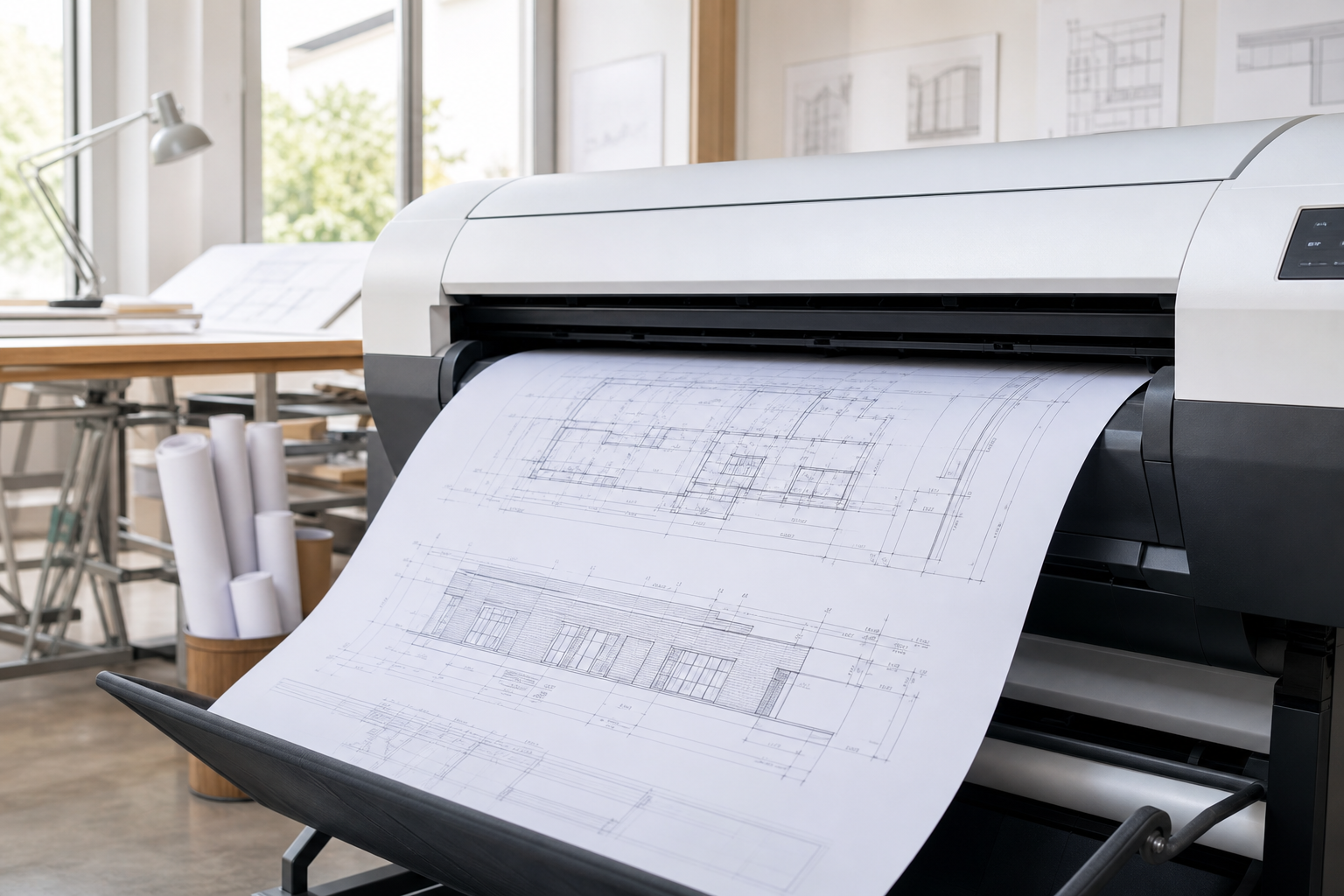 Plotter professionale in funzione durante una stampa di grande formato