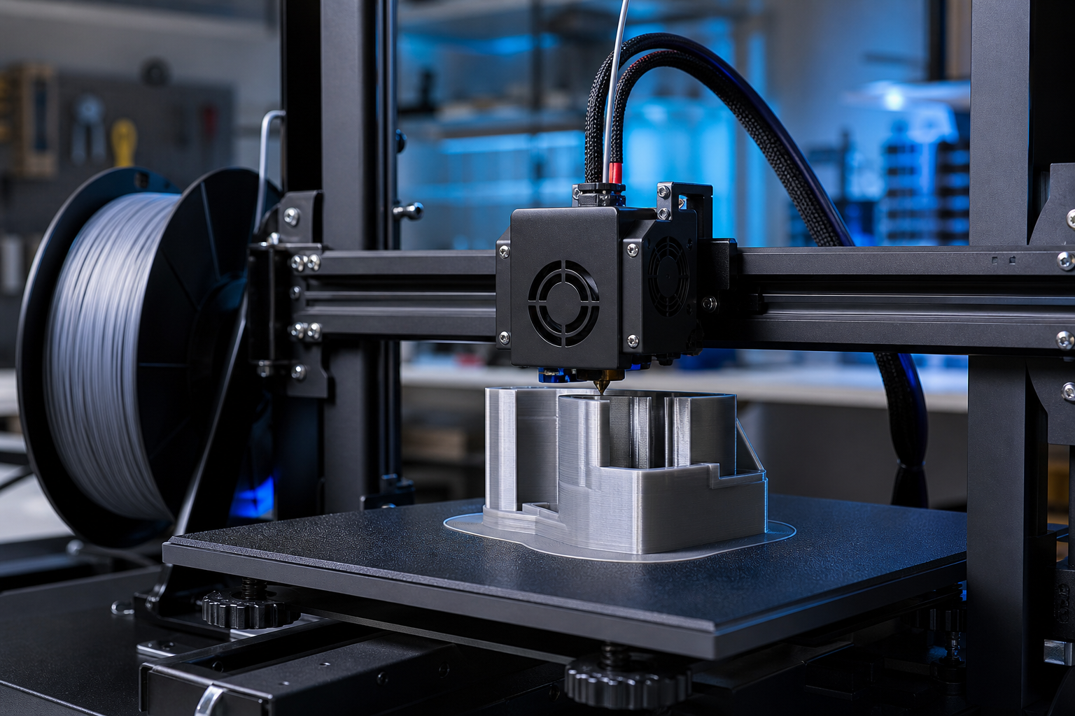 Stampante 3D professionale durante la stampa di un componente