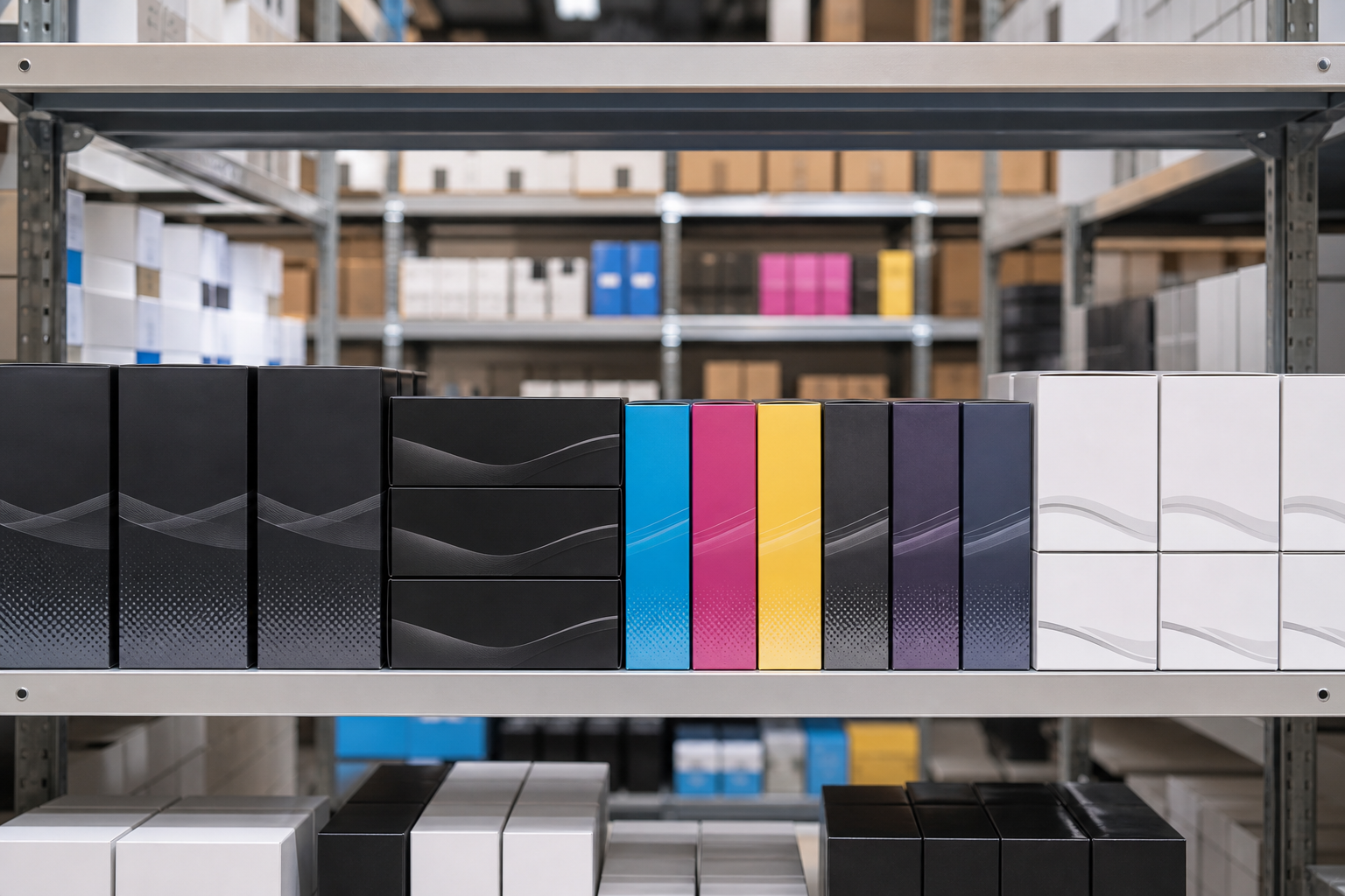 Scaffale con cartucce toner e inchiostro pronte per la ricarica