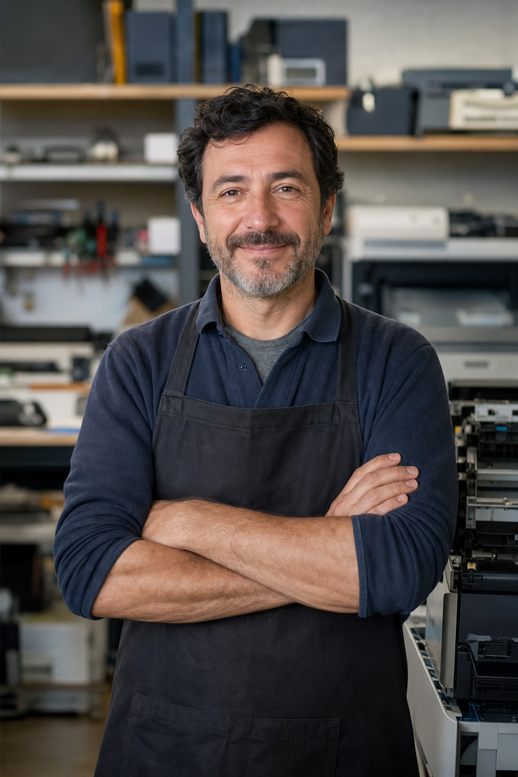 Andrea Ferraro, titolare del centro assistenza stampanti, nel suo laboratorio a Mantova